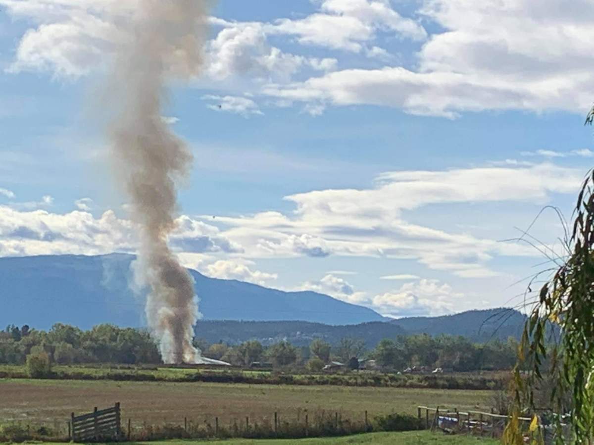 A large plume of smoke was visible in the Enderby area Sunday morning. The fire department said two RVs were destroyed by fire. 