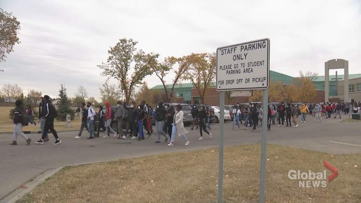 Students participate in a school walkout to address systemic racism in Calgary on Thursday, Oct. 8, 2020.