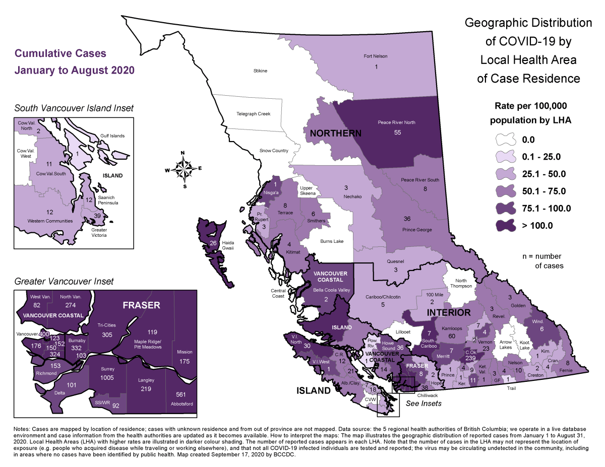 A map showing cumulative totals per micro region in B.C., as of Oct. 1, 2020.