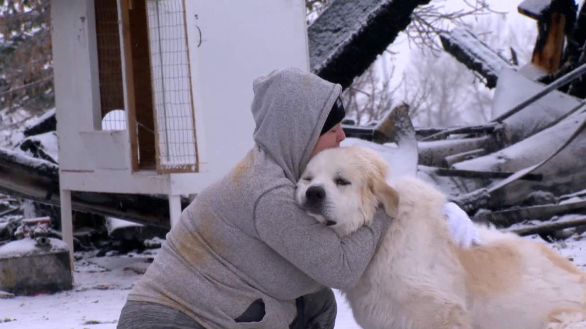 Saz Cuthbertson hugs one of her dogs.