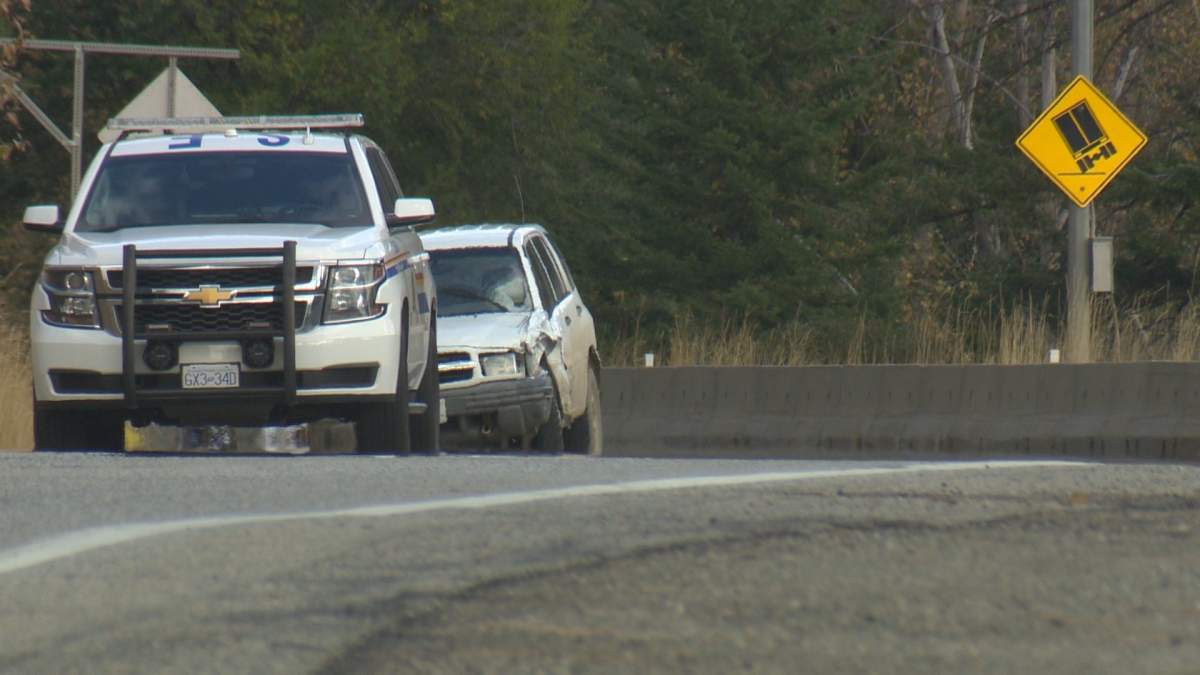 Police say a westbound Chevrolet Tracker collided with an eastbound motorcycle on Highway 33 just before noon on Monday.