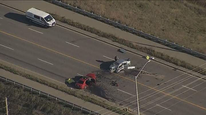 An aerial photo of a fatal two-car collision on McLaughlin Road South in Mississauga.