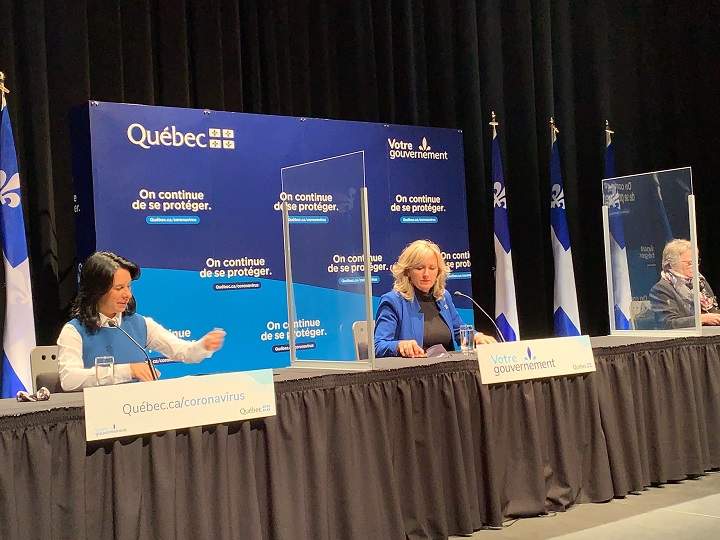 Montreal Mayor Valérie Plante (left), Municipal affairs minister Andrée Laforest (centre) and the minister responsible for Montreal, Chantal Rouleau (right) announce $263 million for the city of Montreal deal with the financial losses brought on by the pandemic. Tuesday, Oct. 13, 2020.