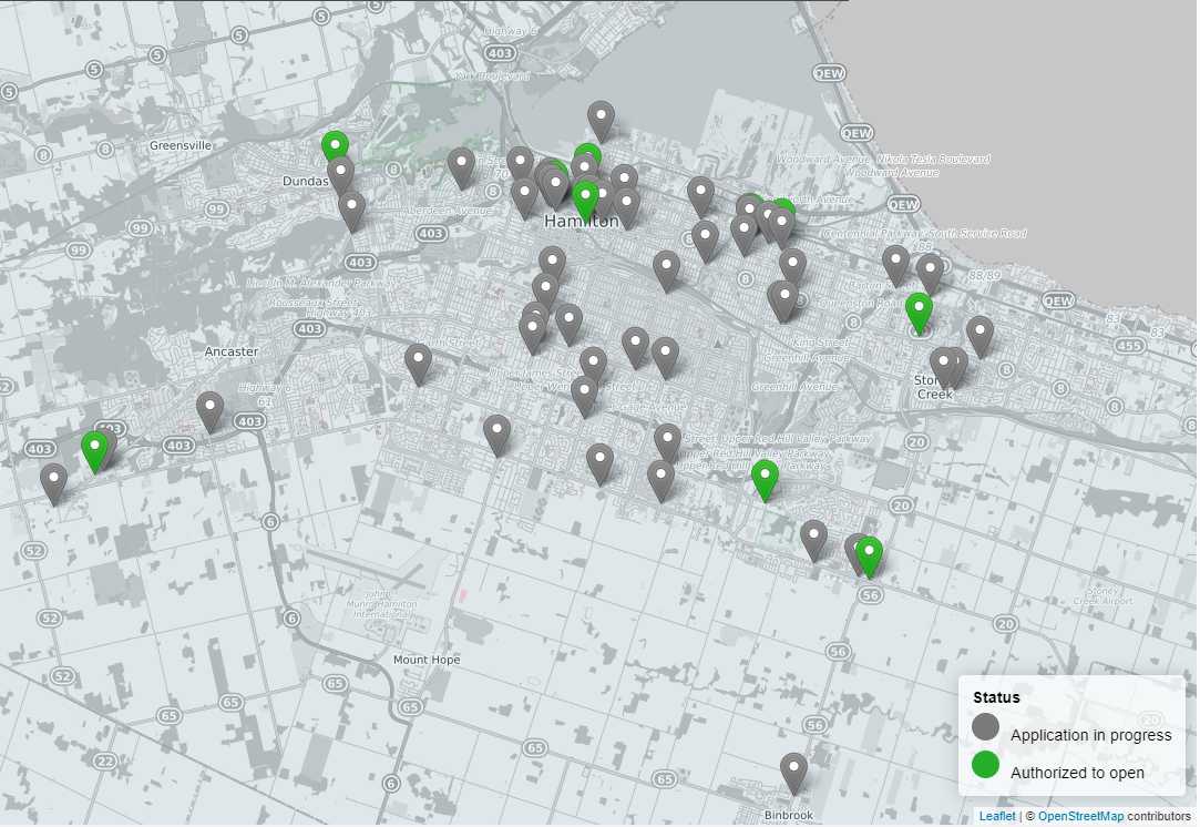 A map from the AGCO’s website shows potential locations for 53 Hamilton-area pot stores now in the application stage. AGCO / Open Street Map