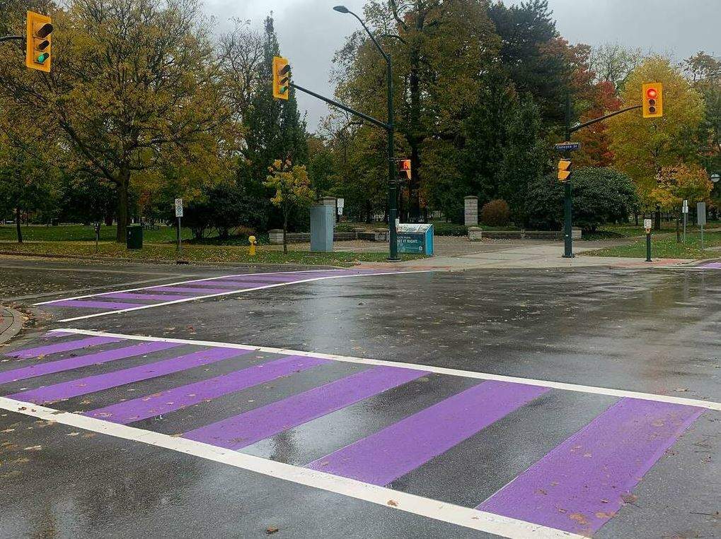 Crosswalks have been painted purple to mark LAWC's 11th annual Shine the Light campaign.