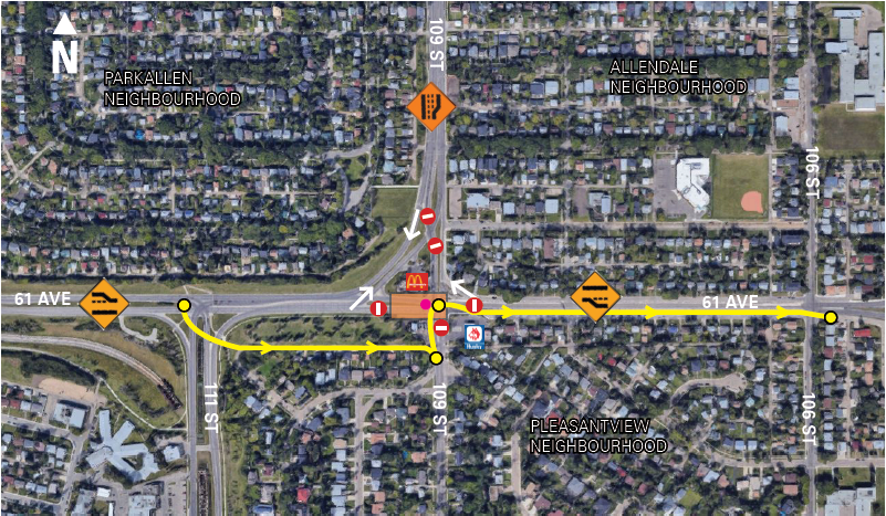 A map of the road closures and location of the 23-metre hole in the road at 109 Street and 61 Avenue in south Edmonton.