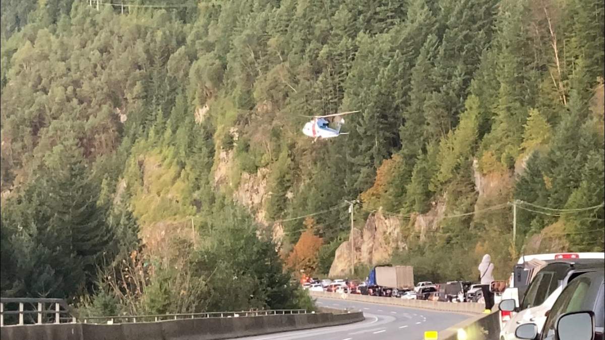 An air ambulance on the scene of Tuesday night’s single vehicle Sea-to-Sky Highway collision. One person was flown to hospital; another taken by ground ambulance.