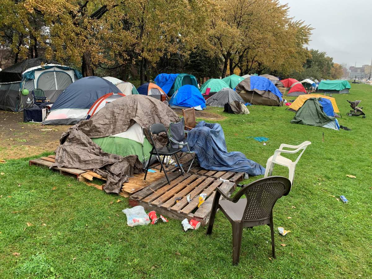 Housing advocates are worried about people living in homeless camps, like tgis one on Notre Dame Street in Hochelaga-Maisonneue, as winter approaches.