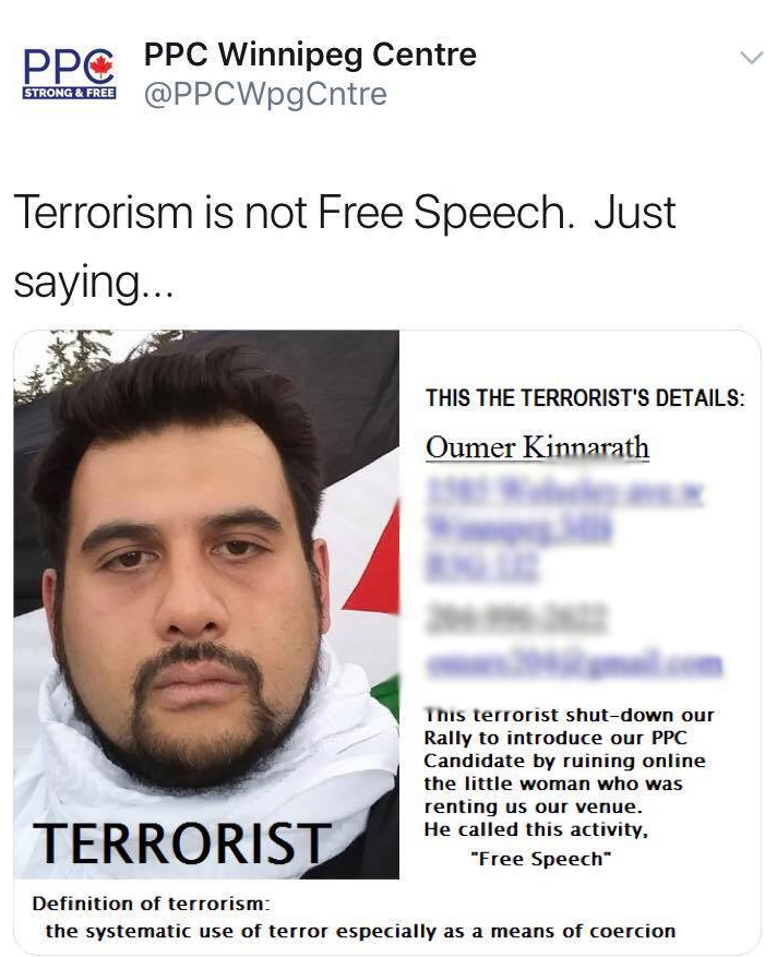 A screenshot posted of Oumer Kinnarath calling him a terrorist. Global News has blurred out his personal contact information including address and phone number.