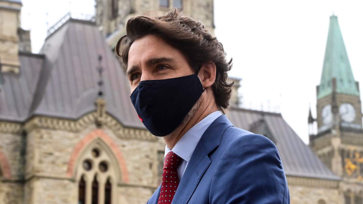 Prime Minister Justin Trudeau makes his way to a press conference during the COVID pandemic in Ottawa on Friday, Oct. 16, 2020. 