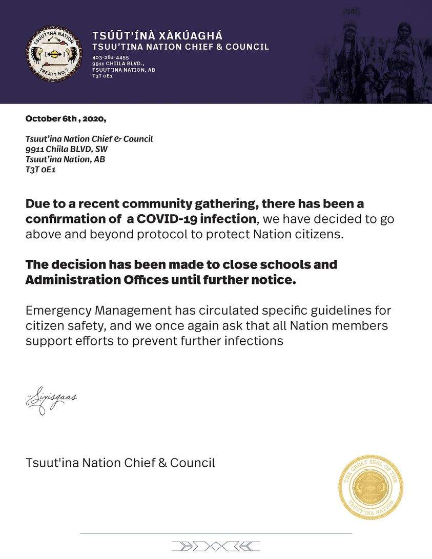 The notice from Tsuut’ina Nation chief and council of the shutdown of schools and offices after a confirmed case of COVID-19.