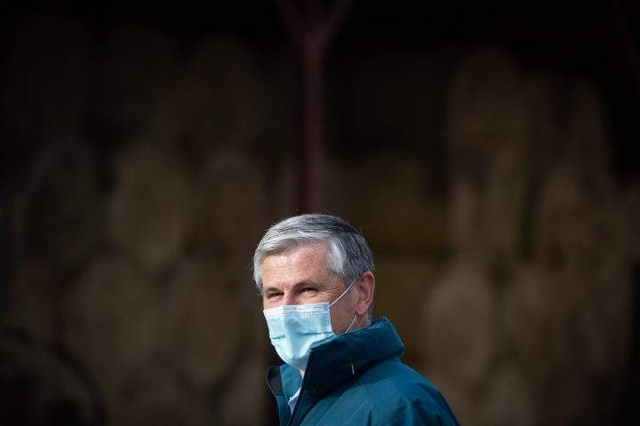 Liberal Leader Andrew Wilkinson listens while being introduced during a campaign stop at Nicomekl Farms, in Surrey, B.C., on Tuesday, October 20, 2020. 