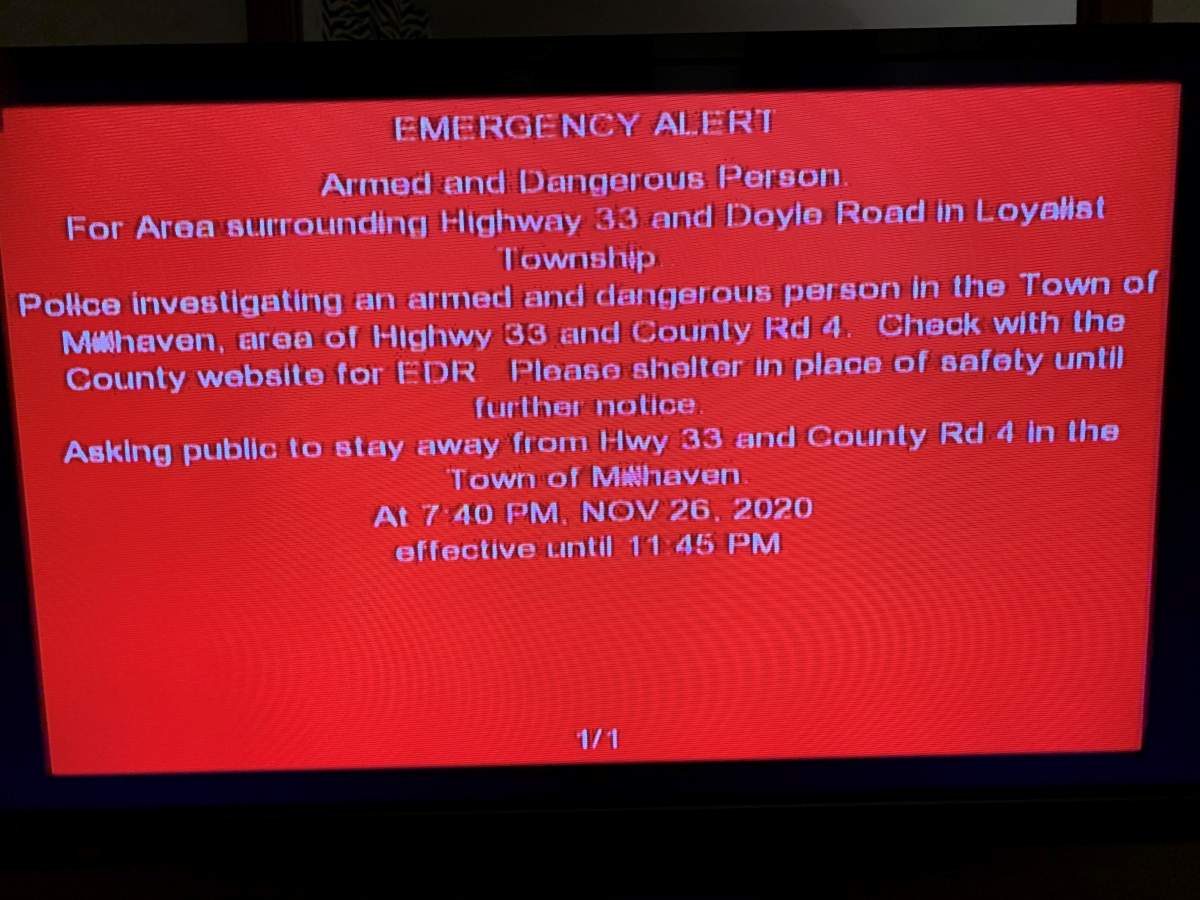 Alert Ready notification from the OPP seen on televisions Thursday evening in the Kington area