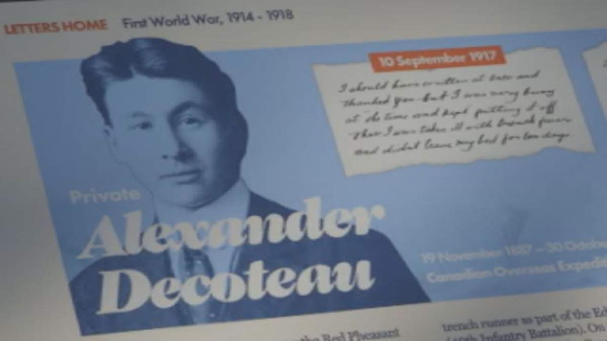 A plaque depicting the life of Alexander Decoteau from the 'Letters Home' installation