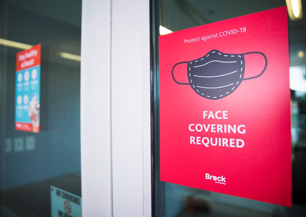 A sign indicates on-campus protocols at Brock University in St. Catharines, Ont., Tuesday, Sept. 8, 2020.
