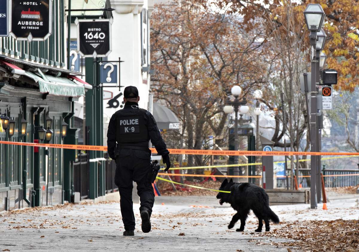 A K9 unit police officer walks one of several sites of stabbings in Quebec City, Sunday, Nov. 1, 2020. 