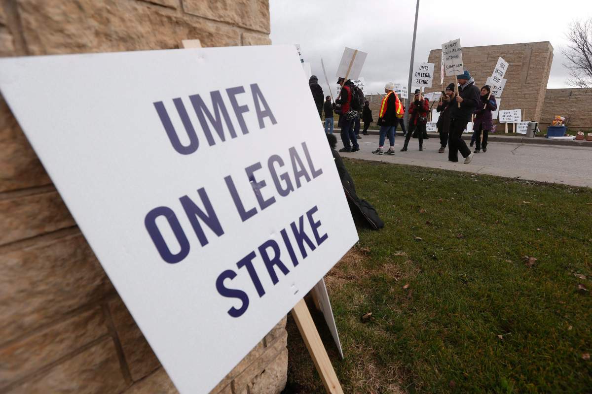 University of Manitoba Faculty Association (UMFA) went on strike and hit the picket lines at the entrance to the university in Winnipeg, Tuesday, November 1, 2016.  A potential strike at the U of M Monday has been averted.