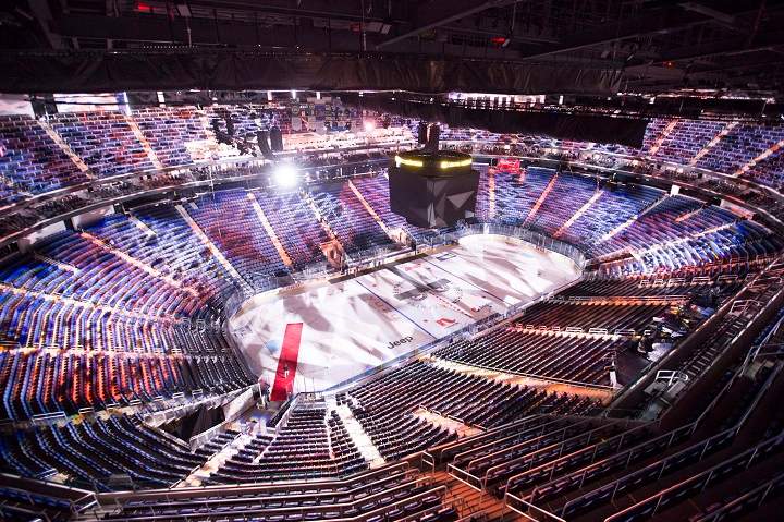 In this Sept. 2015 photo, interior lights are put on display during preparations for the first hockey game to be played at the newly constructed Videotron Centre. As the coronavirus pandemic continues, the QMJHL is planning a 21-game series in a bubble at the centre in Quebec City. Nov. 10, 2020.