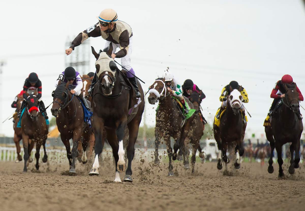 Mighty Heart with jockey Daisuke Fukumoto rides to victory during the running of the 161st Queen's Plate at Woodbine Racetrack in Toronto on Saturday, September 12, 2020. 