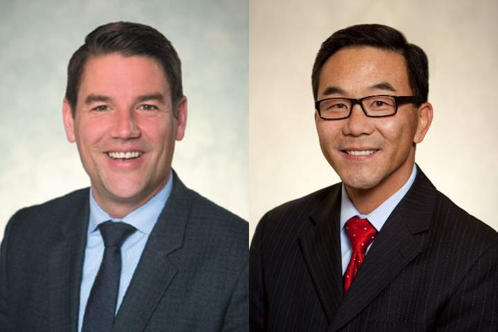 Calgary councillors Evan Woolley, left, and Sean Chu, right.