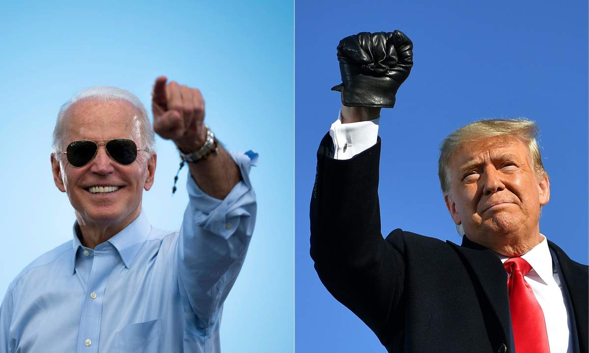 (COMBO) This combination of pictures created on October 30, 2020 shows Democratic Presidential candidate and former US Vice President Joe Biden gestures prior to delivering remarks at a Drive-in event in Coconut Creek, Florida, on October 29, 2020 and US President Donald Trump pumps his fist as he arrives to a campaign rally at Green Bay Austin Straubel International Airport in Green Bay, Wisconsin on October 30, 2020. (Photos by JIM WATSON and MANDEL NGAN / AFP) (Photo by JIM WATSON,MANDEL NGAN/AFP via Getty Images).