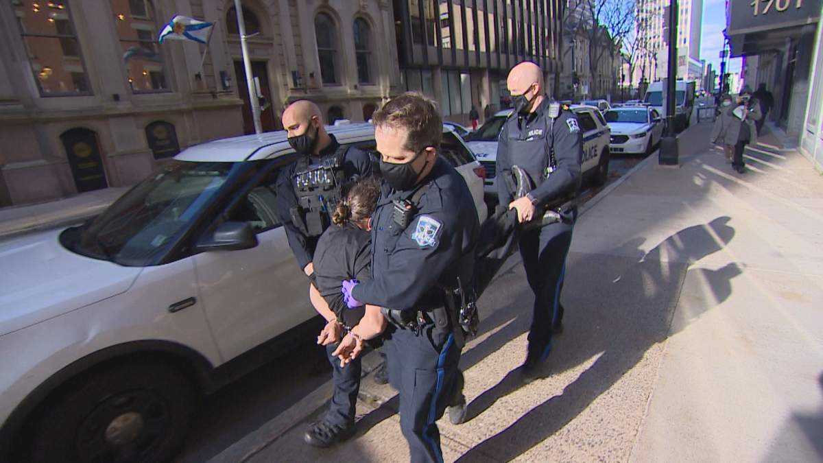 Three Halifax Regional Police officers are seen removing a protestor on Nov. 24 after a sit-in was organized at the Nova Scotia Lands and Forestry office. 