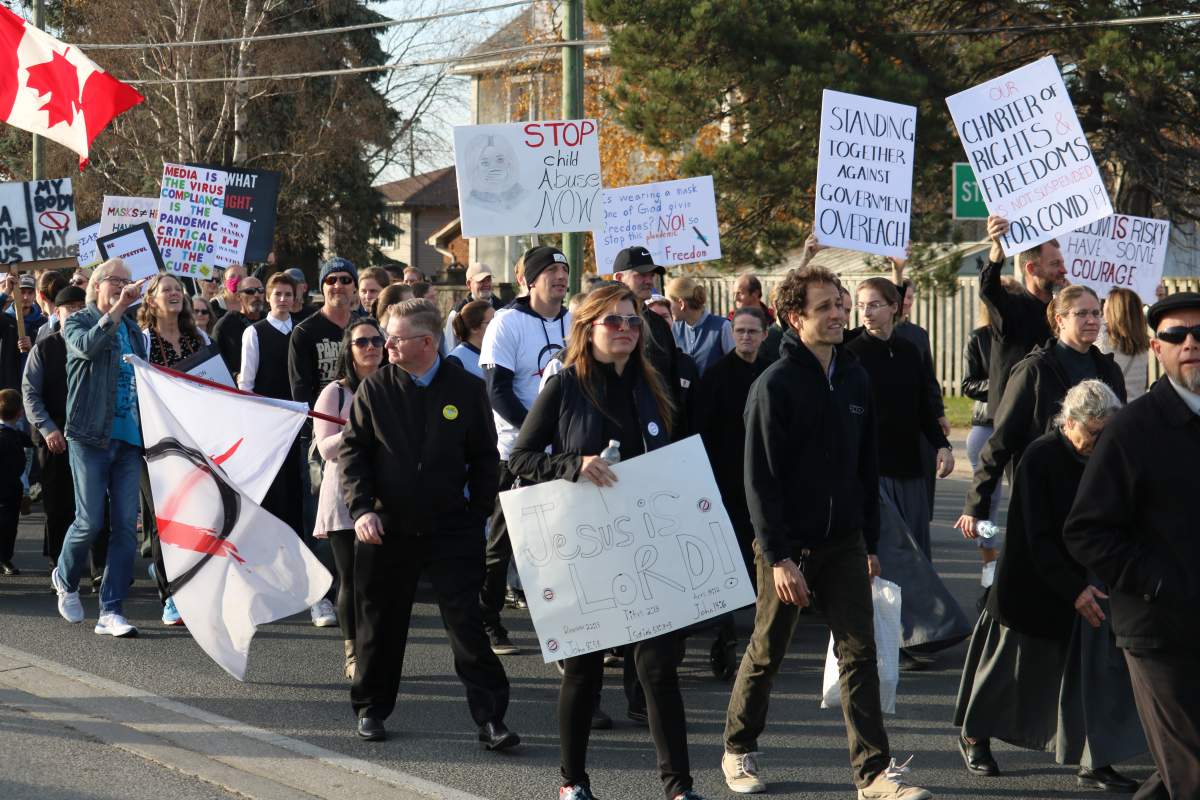 Somewhere between 500 and 750 people participated in the anti-lockdown march with a parade through Aylmer Ont. On Nov. 7, 2020.