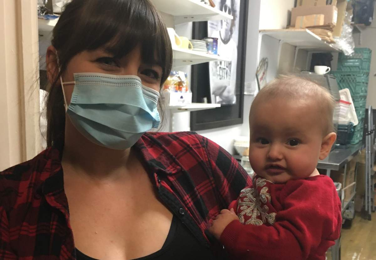 Jennifer West says she was holding her six-month-old baby, Calliope, when she was harassed by anti-maskers in her Kelowna coffee shop.