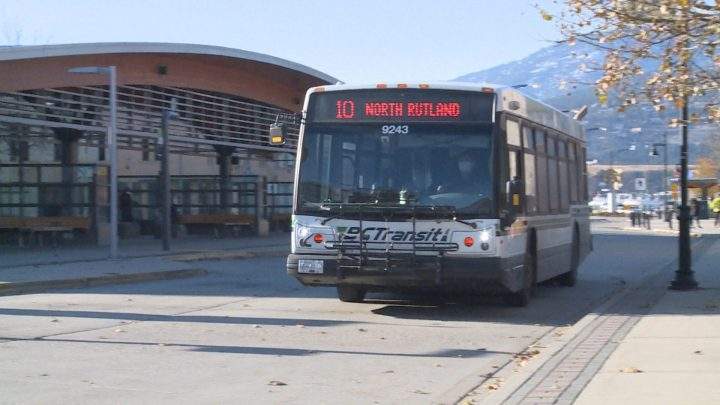 A bus leaves the transit loop in downtown Kelowna