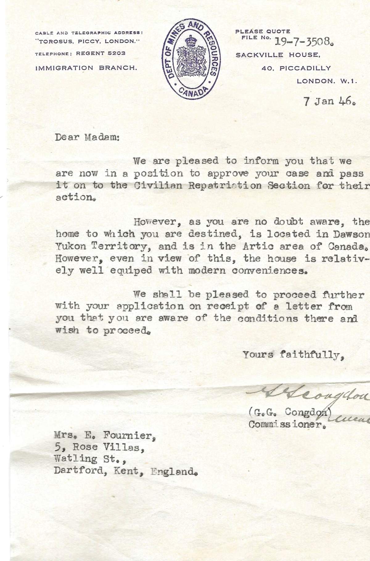 A letter from the Immigration Branch