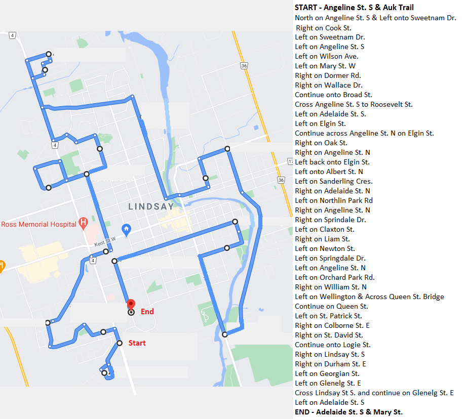 Route for the Lindsay Santa Claus Parade.