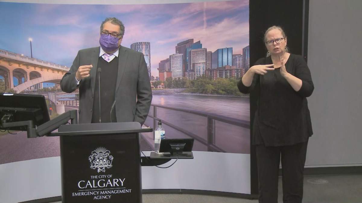 Calgary Mayor Naheed Nenshi announces a new state of local emergency from the city's emergency operations centre, pictured on Nov. 25, 2020.
