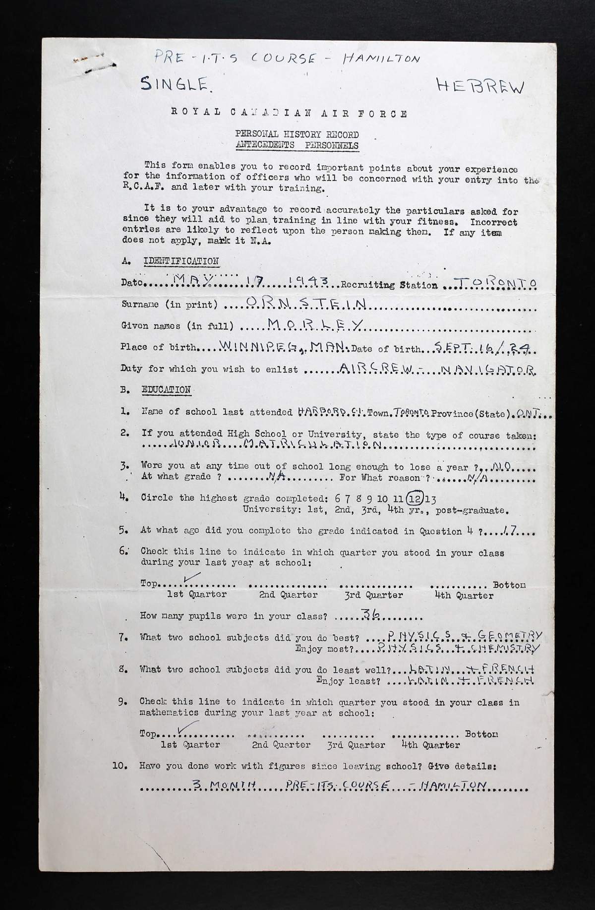 Part of Ornstein’s application to the RCAF and one of several documents submitted to the CWGC showing he identified himself as Hebrew, critical to proving his identity in this case.