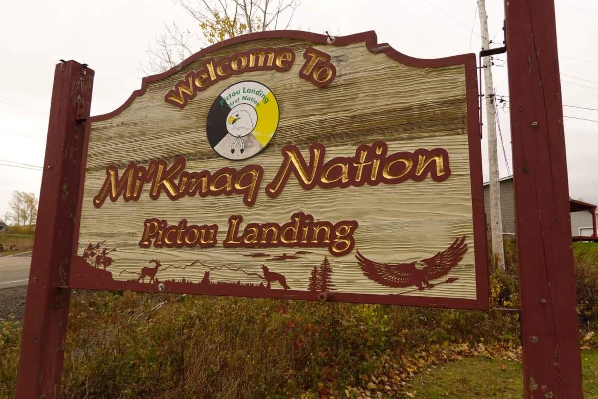 A sign welcomes visitors to Pictou Landing First Nation.