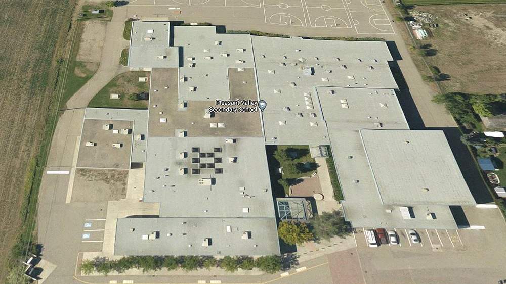 An aerial view of Pleasant Valley Secondary School in Armstrong, B.C.