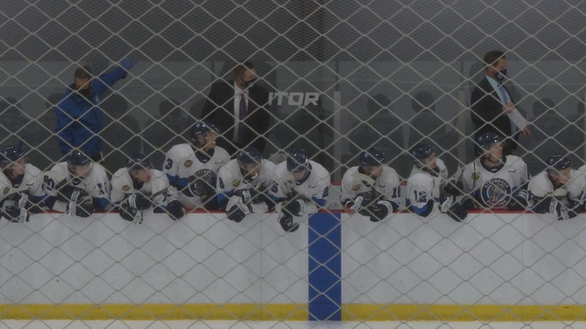 Players and coaches from the Steinbach Pistons look on from the bench.