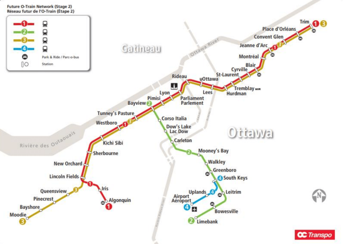 A transit map showing 41 stations and four routes on Stage 2 of Ottawa's light-rail transit system, expected to be ready in 2025.