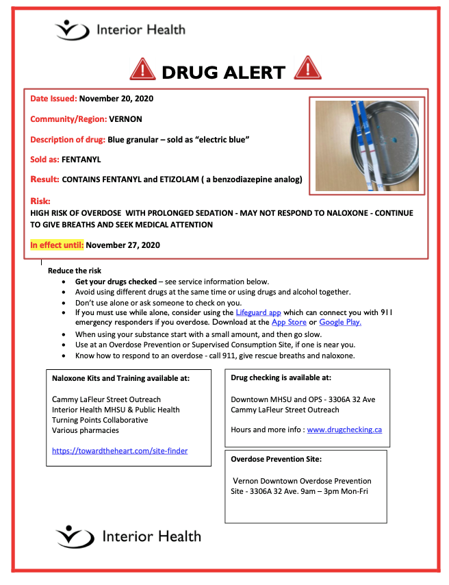 Drug alert issued by Interior Health in Vernon.