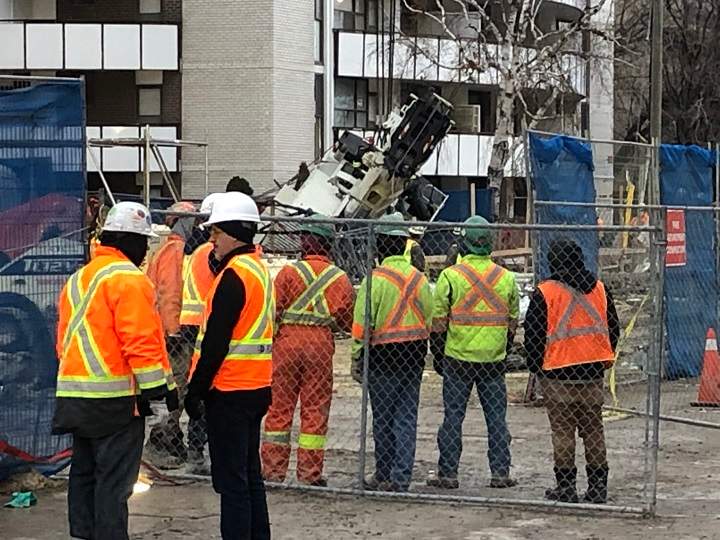 A crane tipped over near the future Mount Pleasant Eglinton-Crosstown station.