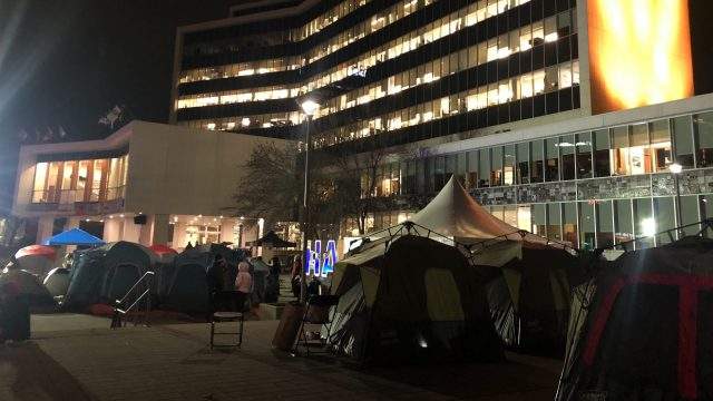 Protestors pitched tents in the forecourt at Hamilton city hall on Nov. 23, 2020 for a protest calling for a redirection of police funds to mitigate alleged on-going housing issues in Hamilton. The tents were removed by city bylaw officers on Nov 30.