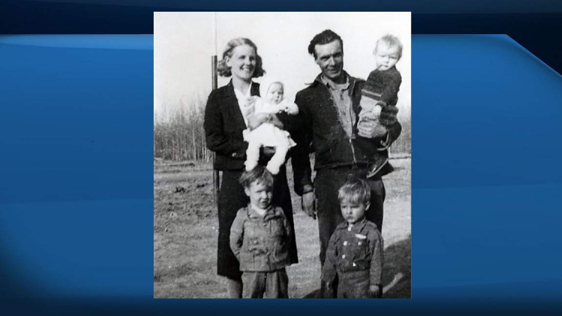 The Johnston family in 1943. Clockwise from top left: Amelia holding Leona, Henry holding Yvonne, Ken, George.