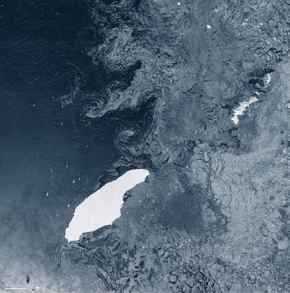 A huge iceberg known as A68-A is shown in the South Atlantic Ocean on July 5, 2020.