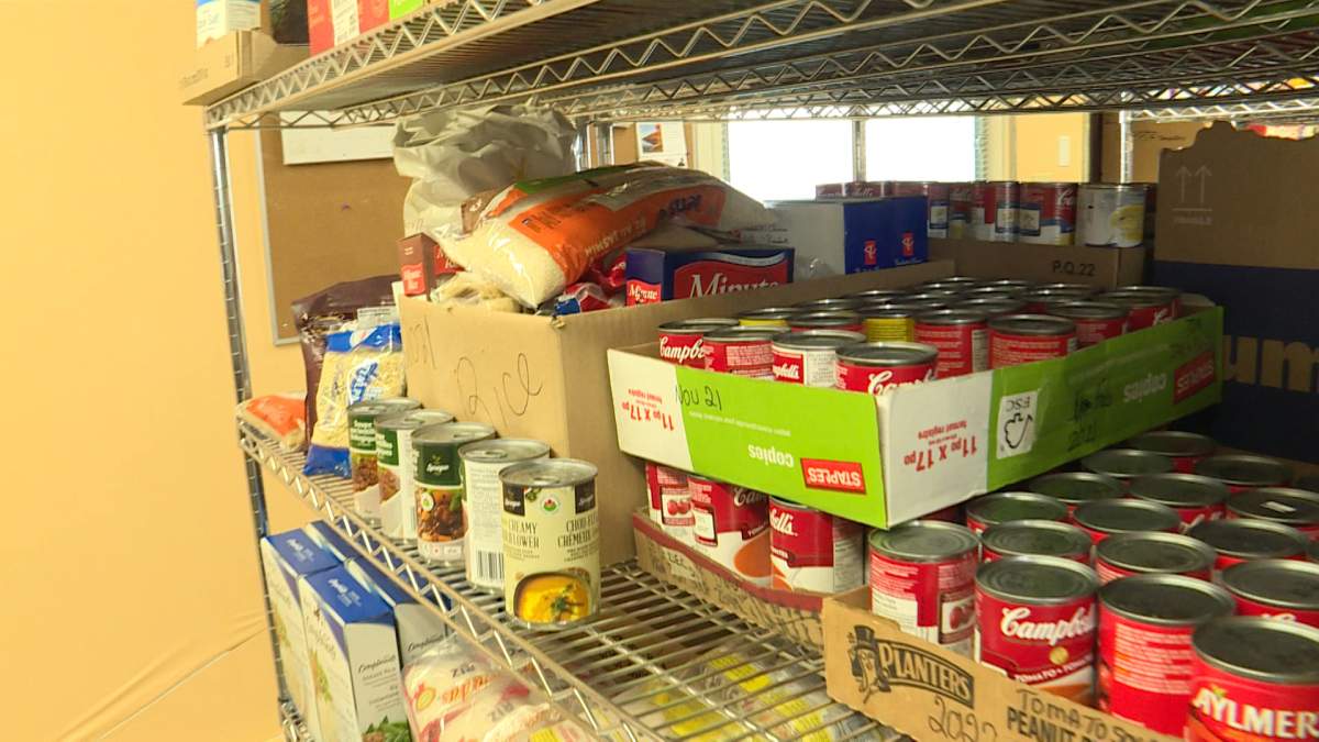 A stack of perishables on a food bank shelf.