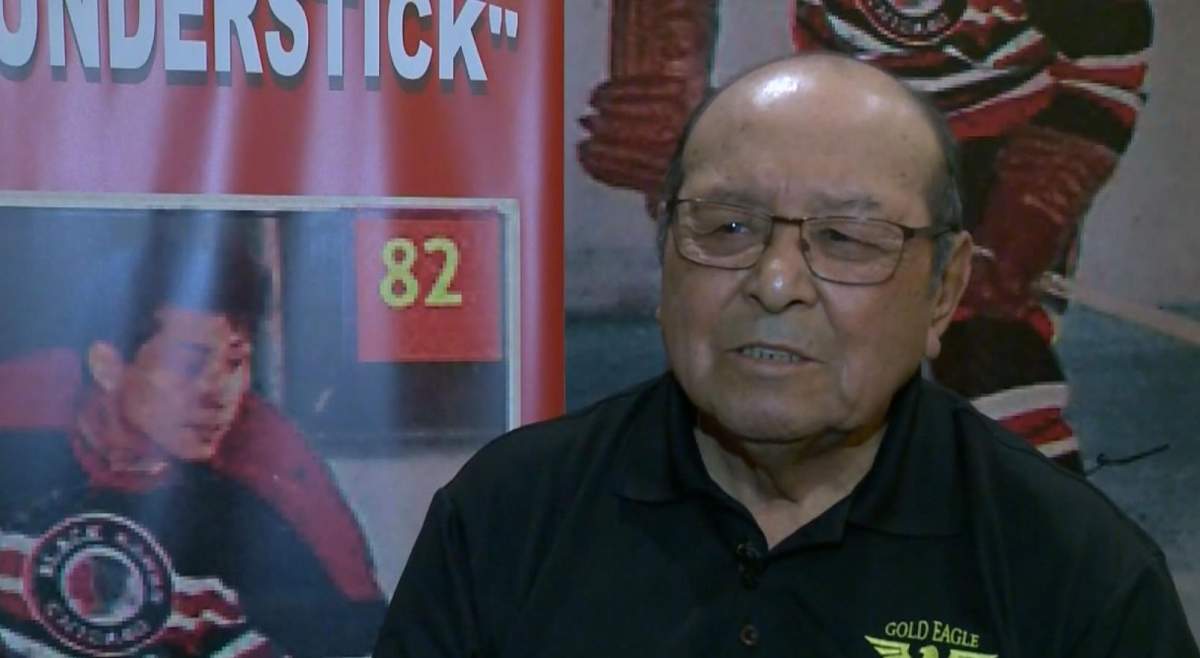 A photo from an interview with Indigenous Ex-NHLer Fred Sasakamoose.