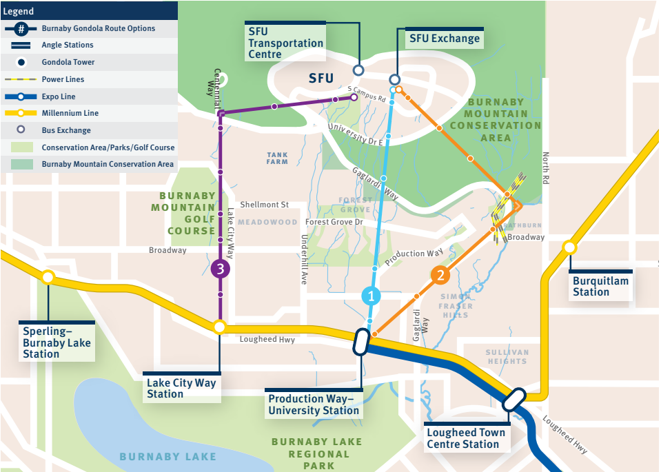 Map representing the three proposed gondola routes.