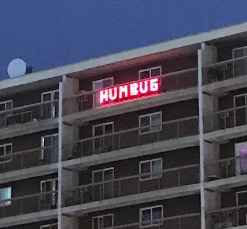 The iconic "HUMBUG" sign on Route 90 in Winnipeg, as seen in 2020.