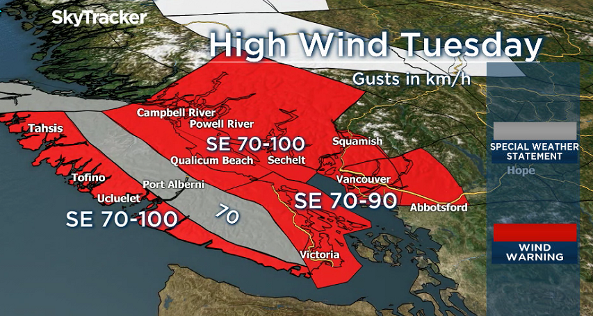Wind warning in effect with gusts up to 90 km/h possible for parts of B.C.’s south coast - image