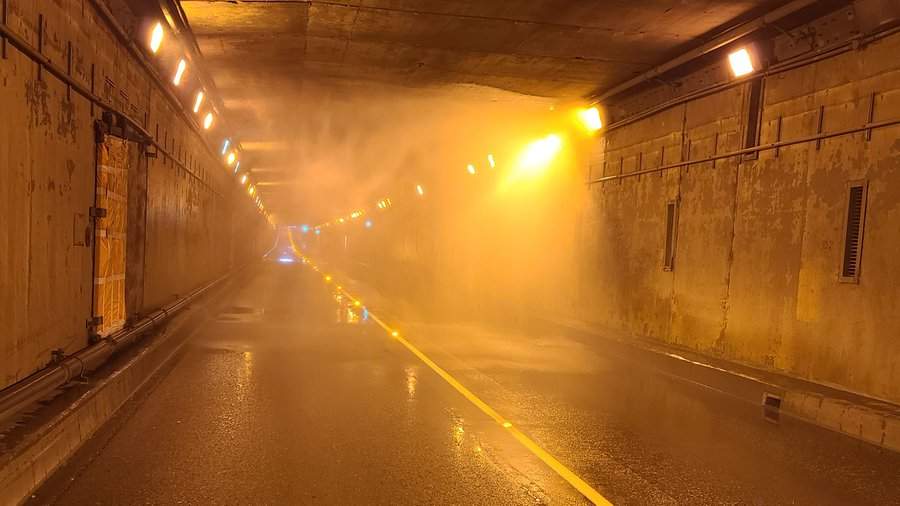 Water leaks from a damaged sprinkler struck by an oversized vehicle in the Massey Tunnel on Friday, Nov. 6, 2020.