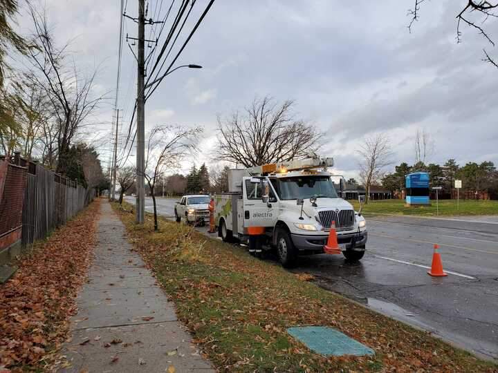 Hydro crews in Mississauga responding to damage caused by strong winds and rain on Sunday.