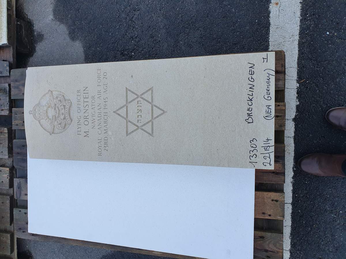Flying Officer Morley Ornstein’s new tombstone is ready, but can’t be transported to the military cemetery in Germany due to pandemic restrictions.